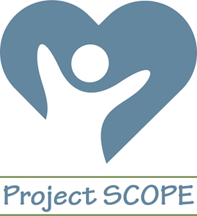 A logo with in white stick figure inside a blue heart, and under the heart it says 